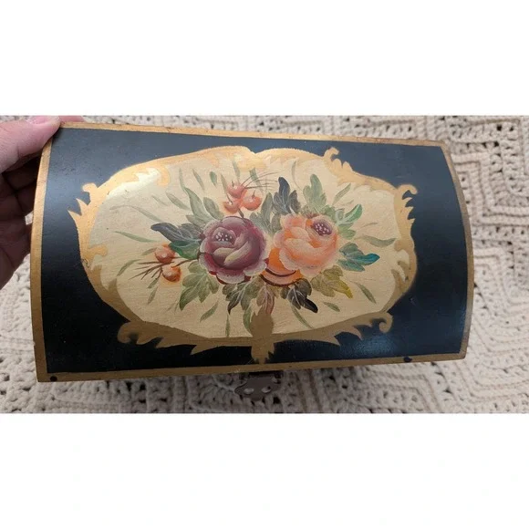Vintage Hand Painted Floral Wooden Keepsake Chest Black Gold Jewelry Box 9.5in - Picture 2 of 11
